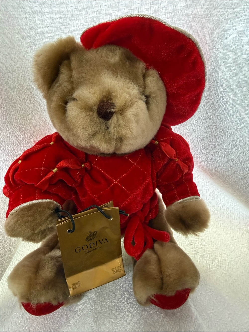 Diva Brown Plush Bear in Red Velvet Outfit with Gold Bag